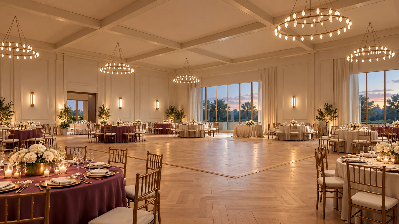 Fictional warm ballroom interior with dressed tables and evening light