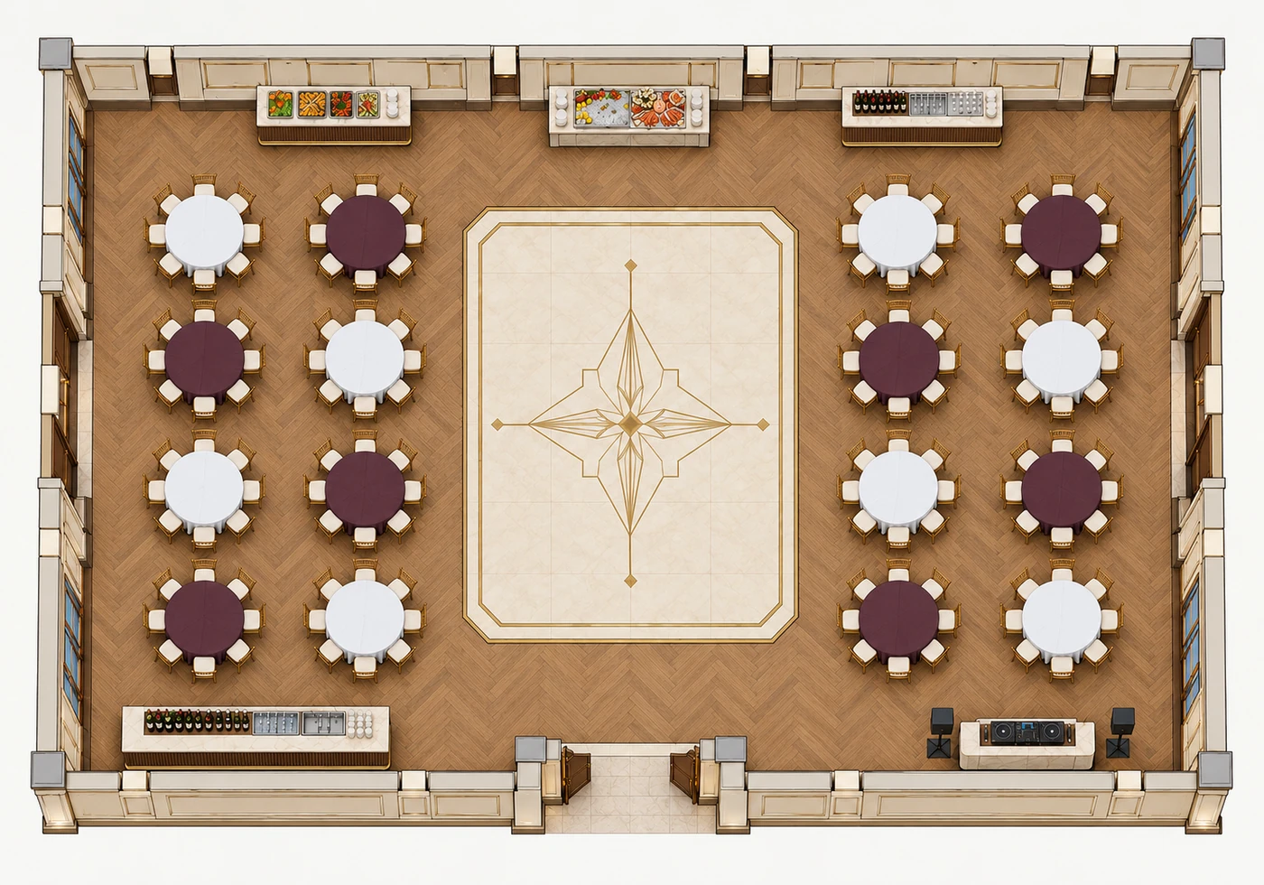 Approved rectangular room illustration with 16 round white-and-aubergine linen tables, three service stations across the top, a bar, DJ booth and an ivory-and-gold central floor.