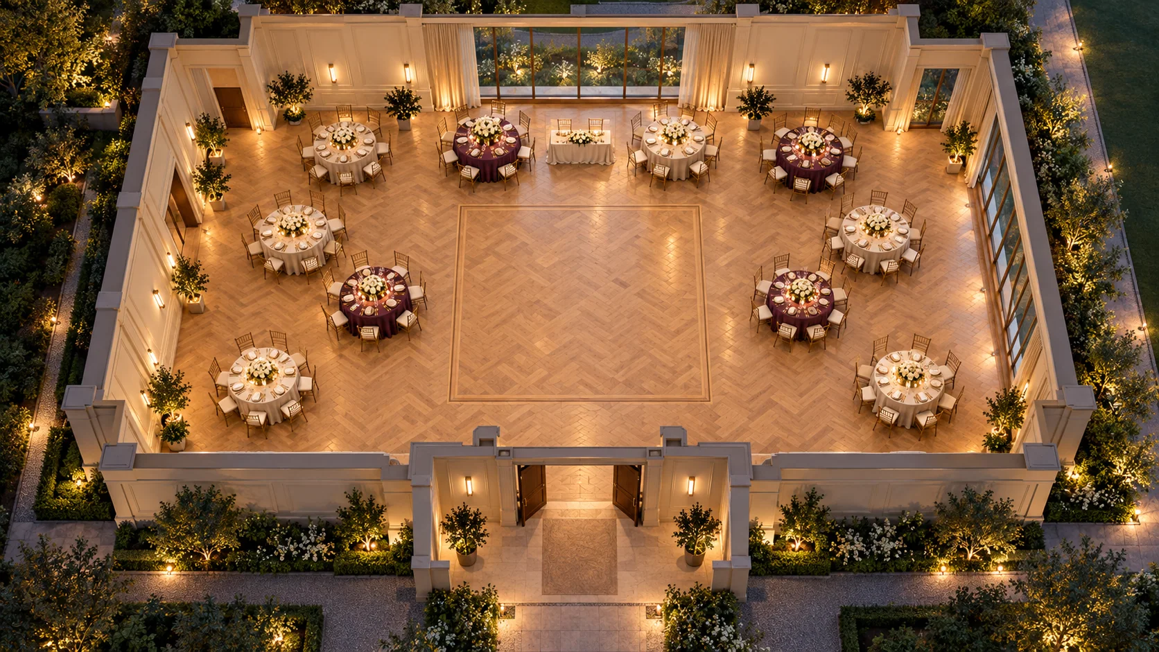 Fictional event venue seen from above, with tables, a dance floor and surrounding greenery